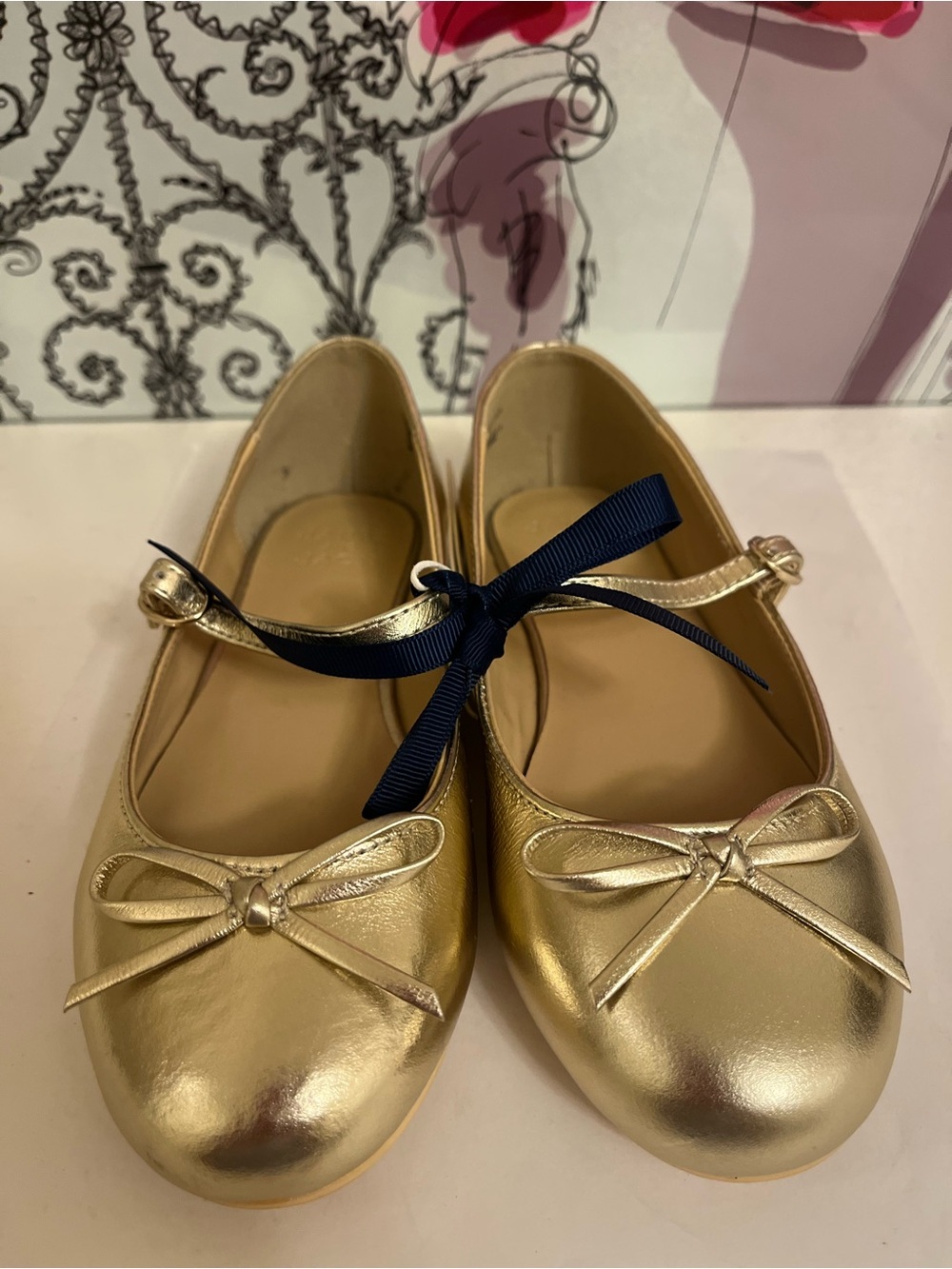 Janie and Jack Metallic Gold Bow Mary Jane Flats NWT Size Little Girls 13